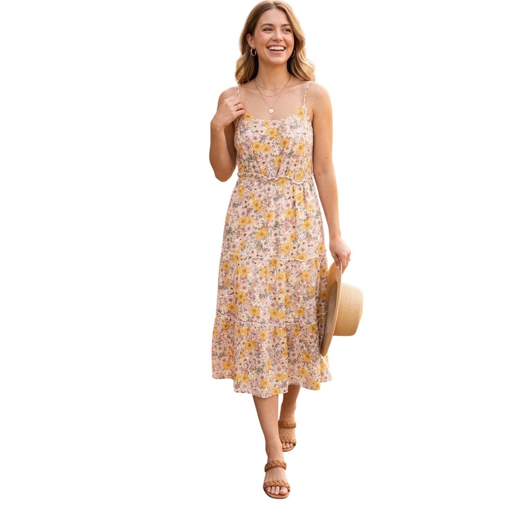 As U Wish Floral Midi Dress XL Yellow Pink Tiered Smocked Back Sundress